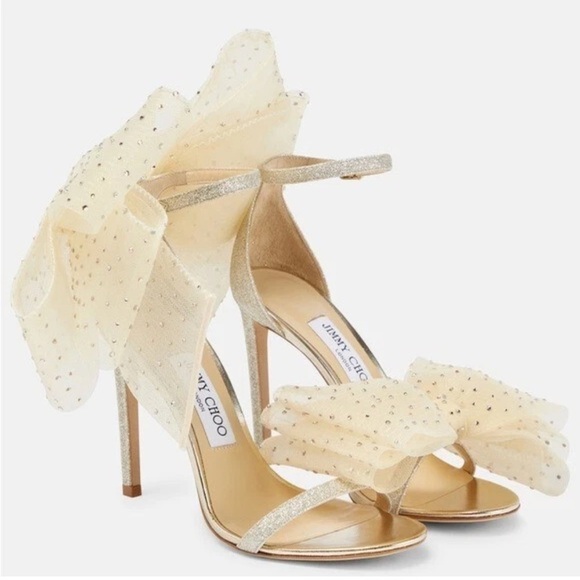 JIMMY CHOO Ivory Gold Aveline 100 bow Crystal embellished bow sandals EU 38.5 - Picture 3 of 13